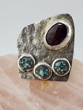 GARNET INLAY TURQUOISE HANDMADE RING IN STERLING SILVER SIZE 9.5